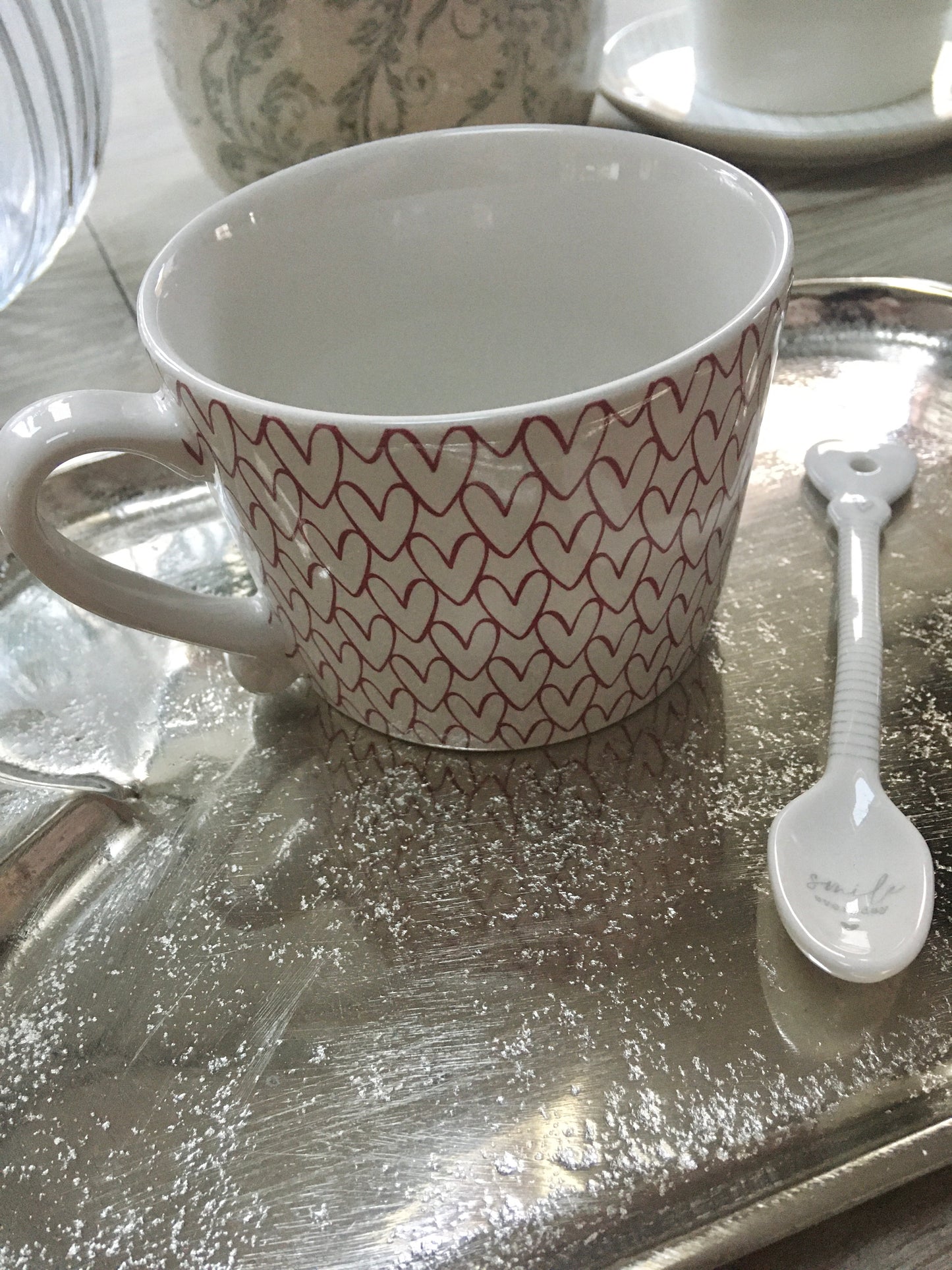 White China Mug - red hearts